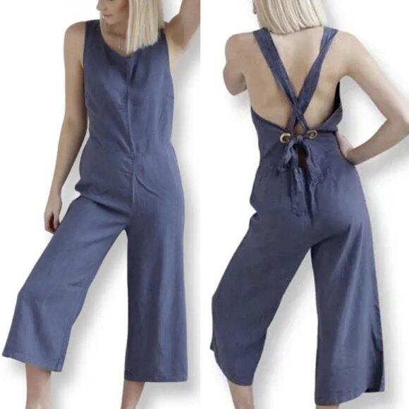 Anthropologie Cloth & Stone Tie Open Back Crop Jumpsuit L Wide Leg Flowy Tencel - Picture 1 of 12
